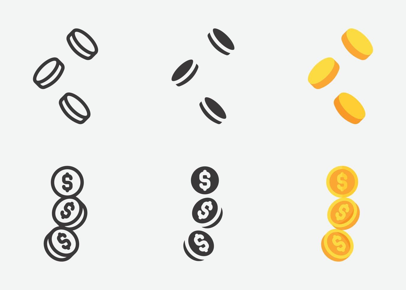 Münz-Icon-Set. verschiedene münzensammlung, münzensilhouetten-ikonensammlung, münze im flachen stil und umriss. einfache Web-Icons gesetzt. Vektor