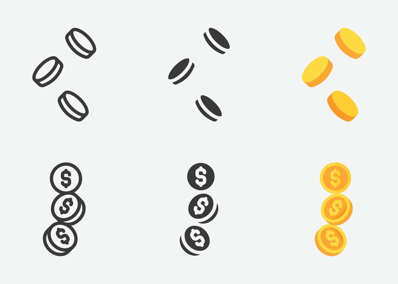 mynt ikon uppsättning. annorlunda mynt samling, mynt silhuett ikoner samling, mynt i platt stil och översikt. enkel webb ikoner uppsättning. vektor
