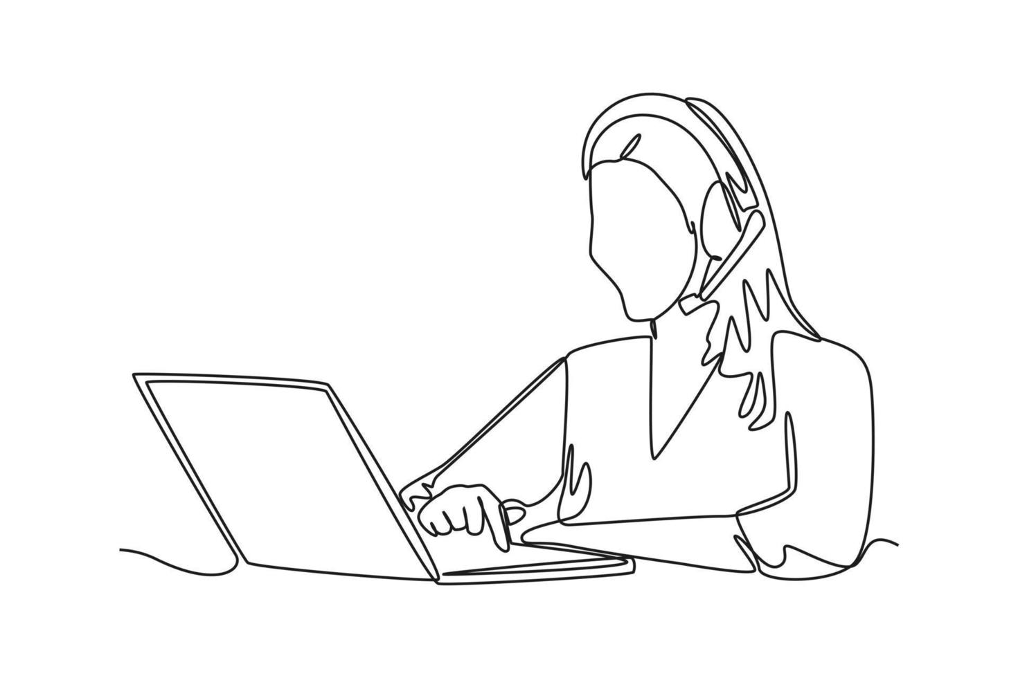 Continuous One Line Drawing Customer Service interagiert ständig mit verschiedenen Verbrauchern und Ressourcen mit Laptops. Marketingkonzept. einzeiliges zeichnen design vektorgrafik illustration. vektor