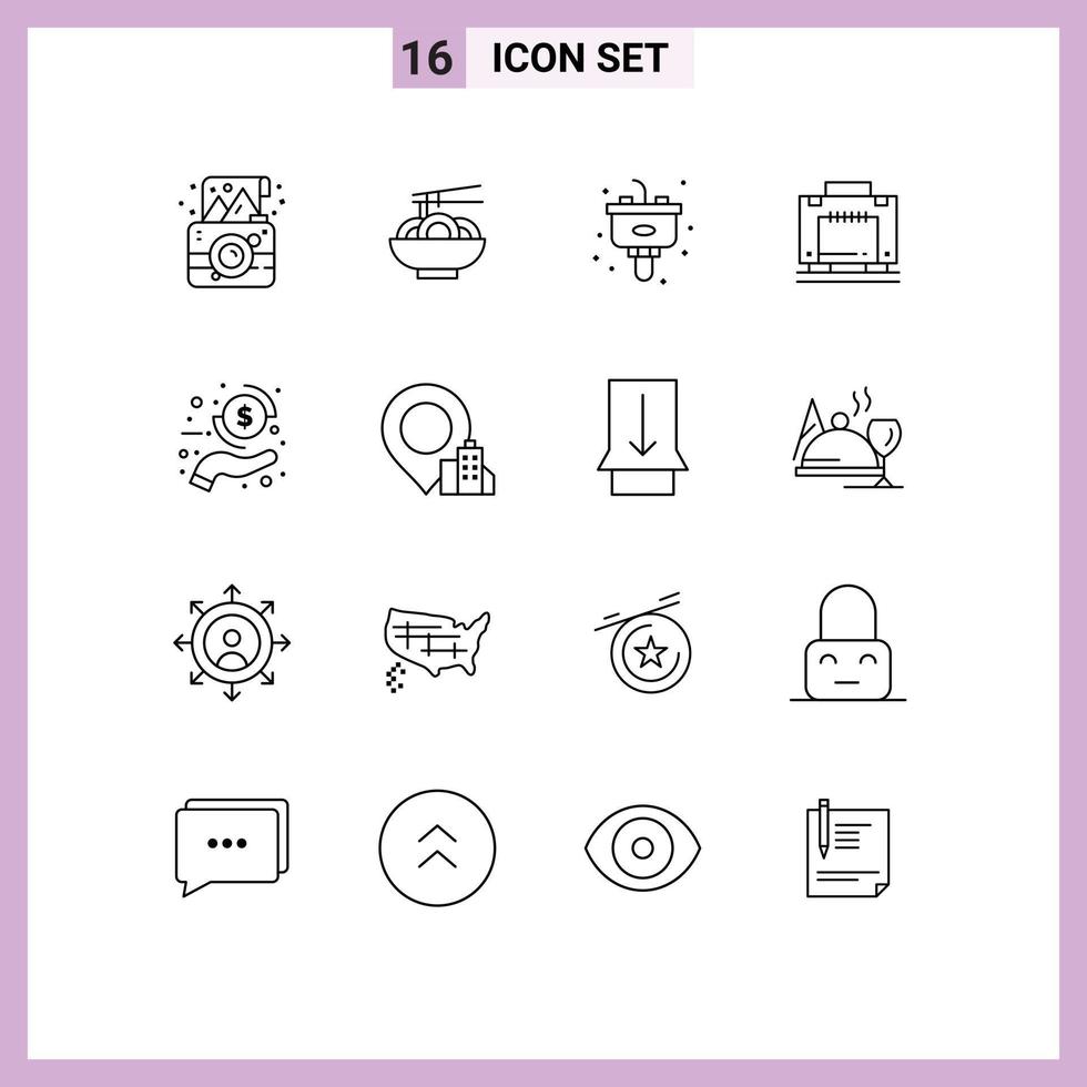 Stock Vector Icon Pack mit 16 Zeilenzeichen und Symbolen für Münzkoffer chinesische Taschenwaschbecken editierbare Vektordesign-Elemente