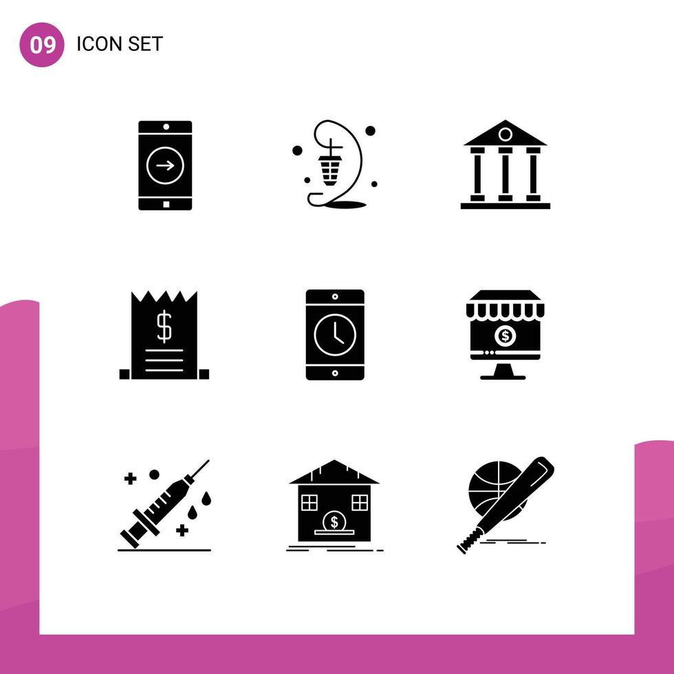 9 solides Glyphenpaket der Benutzeroberfläche mit modernen Zeichen und Symbolen für den Verkauf, Handel, Festival, Rechnungen, Finanzen und bearbeitbare Vektordesignelemente für Unternehmen vektor