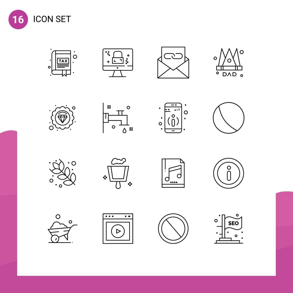 packa av 16 modern konturer tecken och symboler för webb skriva ut media sådan som kung kejsare låsa krona e-post redigerbar vektor design element