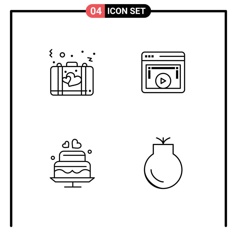 uppsättning av 4 modern ui ikoner symboler tecken för väska video spelare roman visa kärlek redigerbar vektor design element