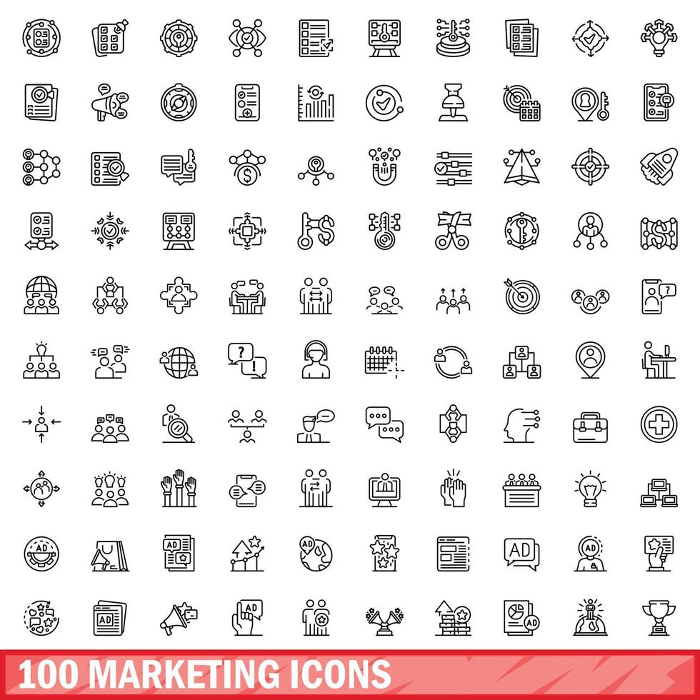 100 Marketing-Icons gesetzt, Umrissstil vektor
