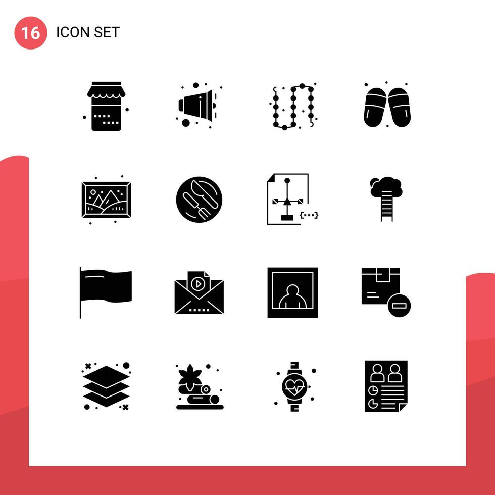 Piktogramm-Set aus 16 einfachen soliden Glyphen von Galerie-Hausschuhen Mode-Sauna-Sandale editierbare Vektordesign-Elemente vektor
