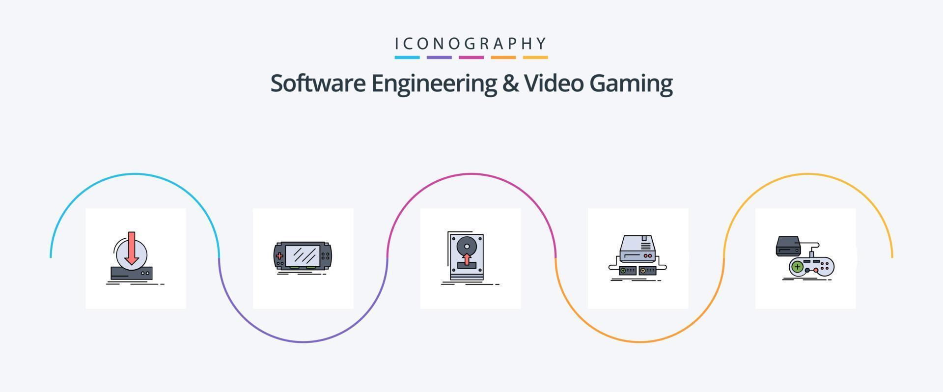Software-Engineering und Videospiel-Linie gefüllt Flat 5 Icon Pack inklusive Gaming. Konsole. Spielen. Hochladen. Festplatte vektor