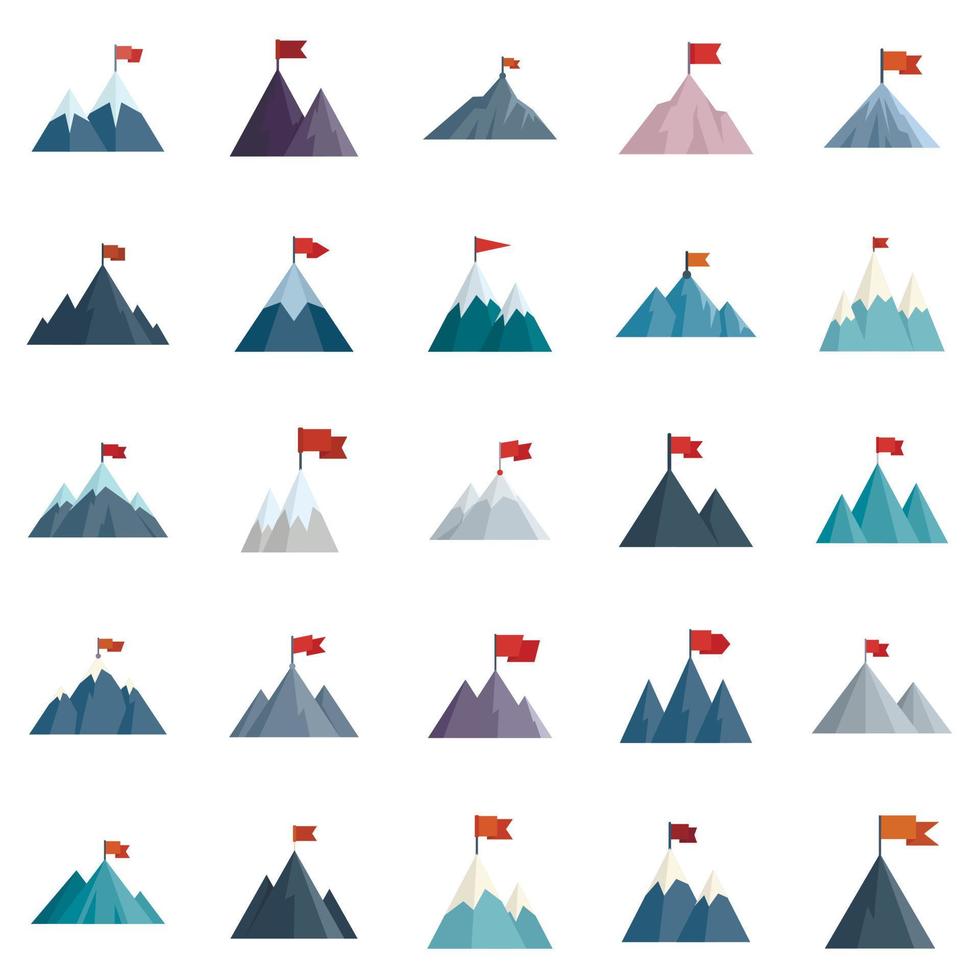 Flagge auf Bergsymbolen stellt flachen Vektor ein. Karriereziel