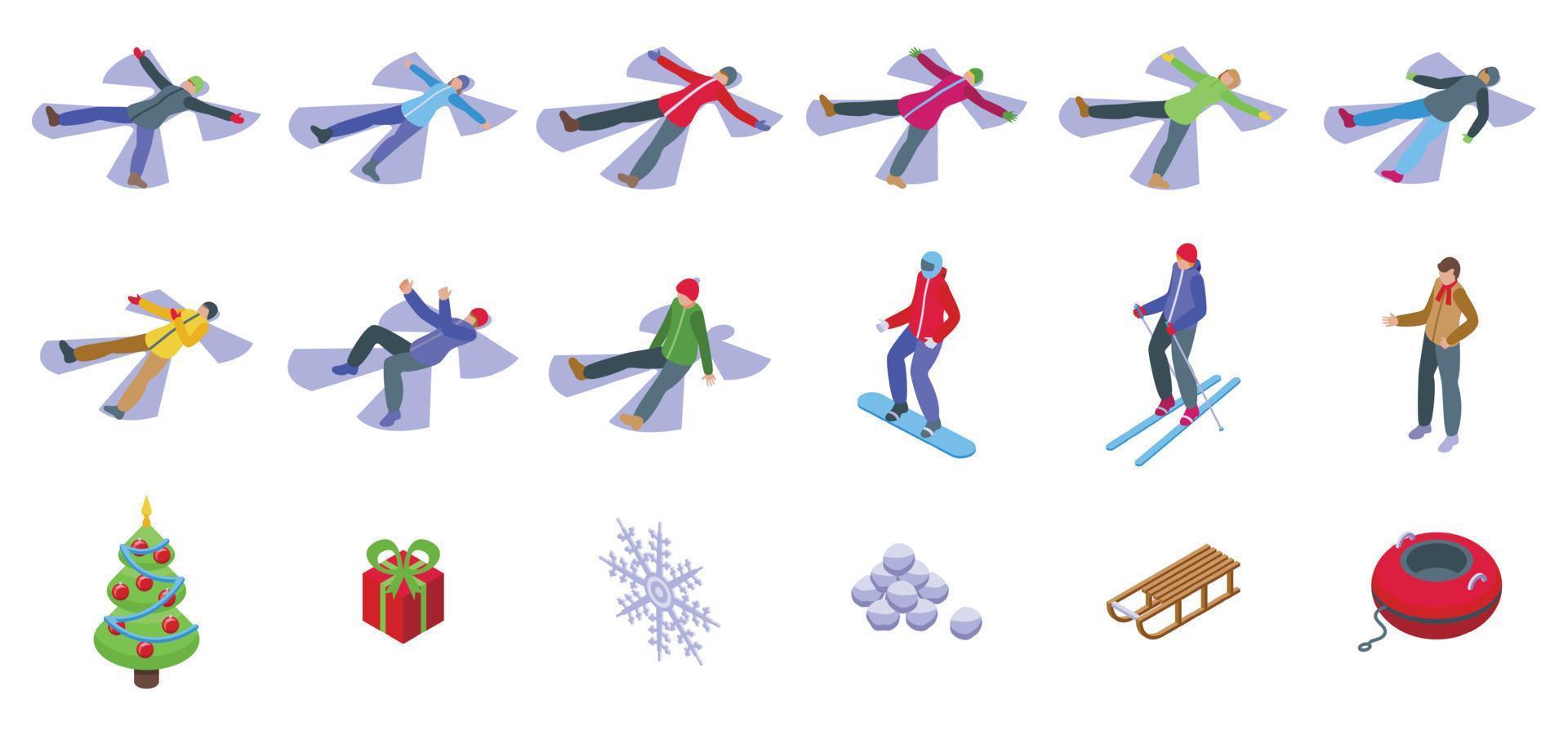 snö ängel ikoner uppsättning isometrisk vektor. vinter- framställning vektor