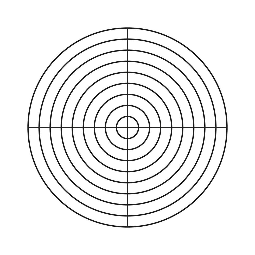 polär rutnät av 8 koncentrisk cirklar och 4 grader steg. cirkel diagram dividerat på segment. tom polär Graf papper. hjul av liv eller vanor spårare. vektor