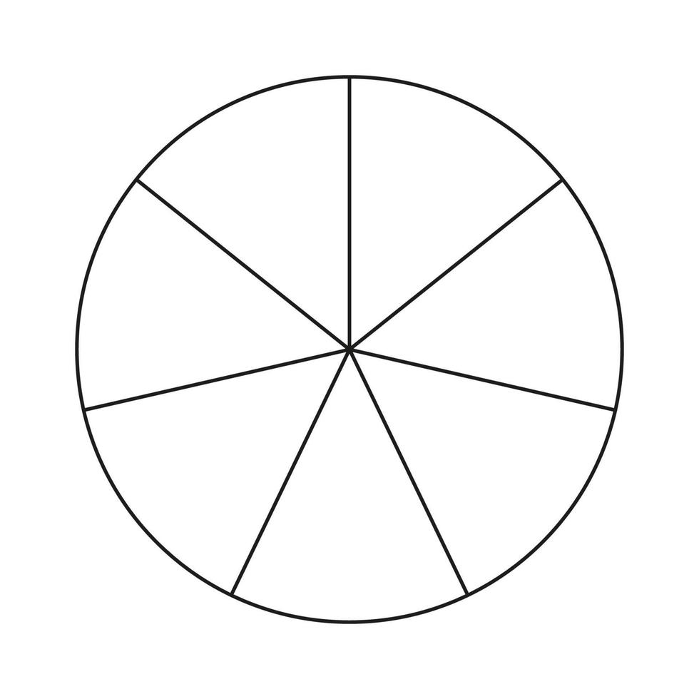cirkel dividerat i 7 segment. pizza eller paj runda form skära i likvärdig skivor. översikt stil. enkel Diagram. vektor