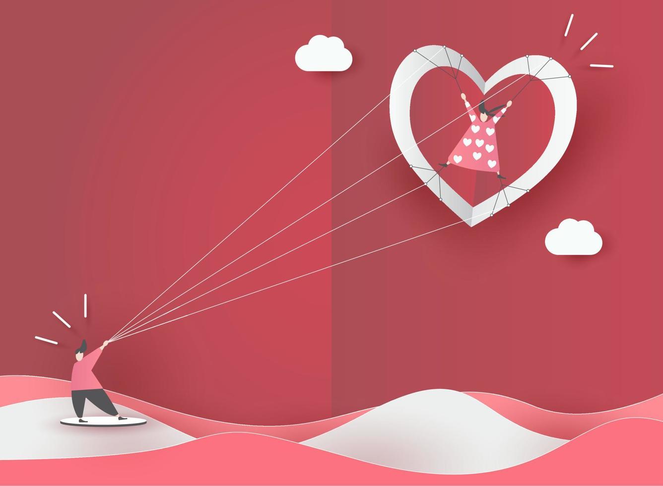 söt kärlek papper konst valentine dag. med härlig valentine pojke och flicka flyga hjärta, papper skära på röd bakgrund, vit himmel, moln, origami stil vektor. papper för valentine kort, gåva, affisch, vykort. vektor