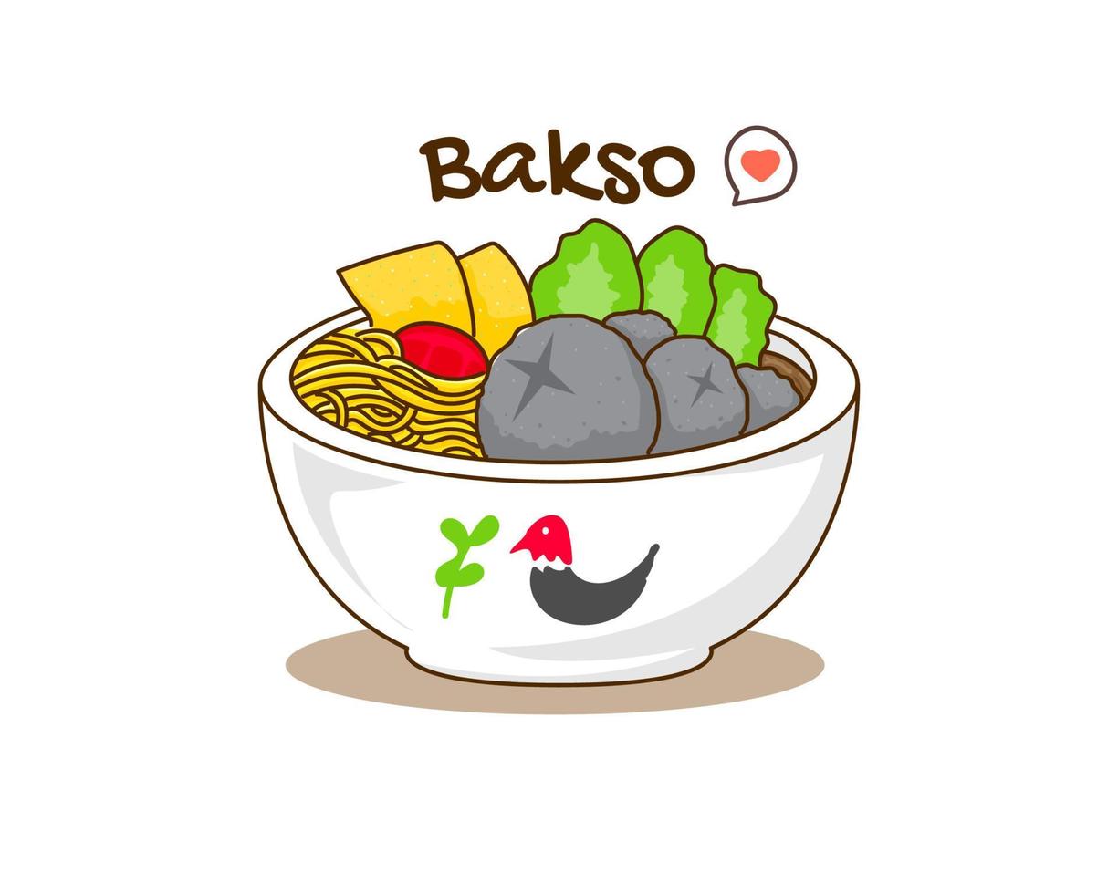 bakso oder fleischbällchen mit nudel- und gemüselogo-symbol. flacher Cartoon-Stil. Konzeptdesign für asiatische Speisen. indonesisches traditionelles straßenessen. Vektorillustrationen isolierten weißen Hintergrund vektor