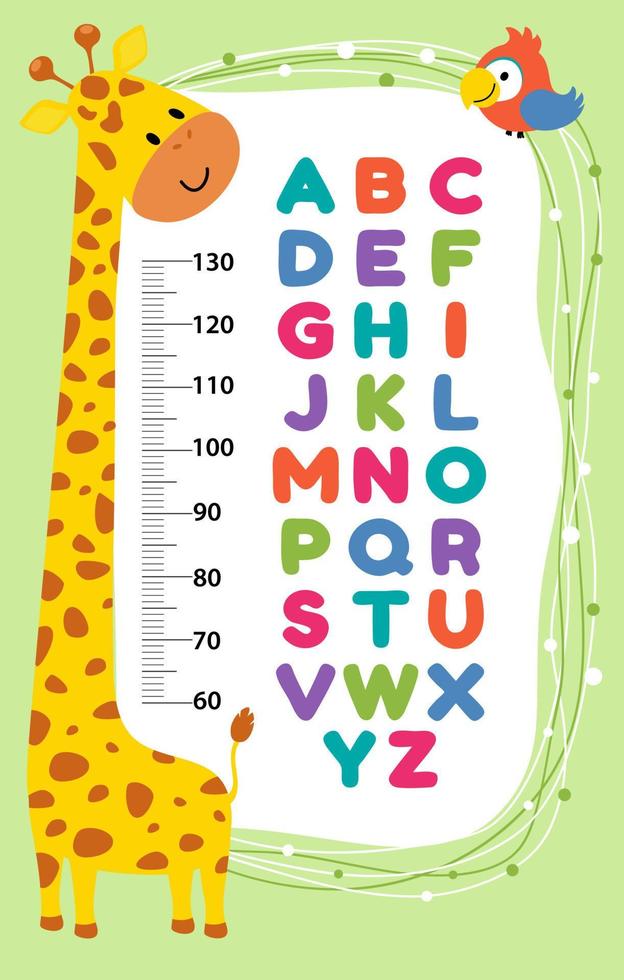meter vägg eller höjd Diagram med söt giraff alfabet. vektor illustration. barns affisch. dekor för en barns lekrum.