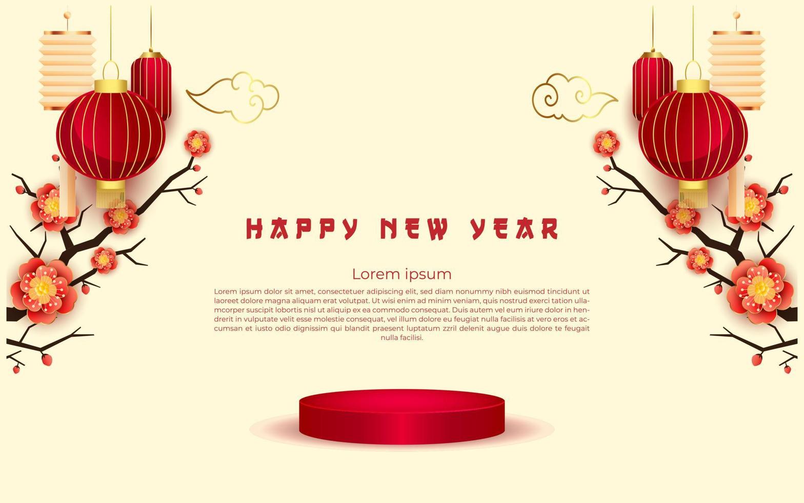 weißes chinesisches neujahr mit leerem podium mit blumenverzierungen vektor