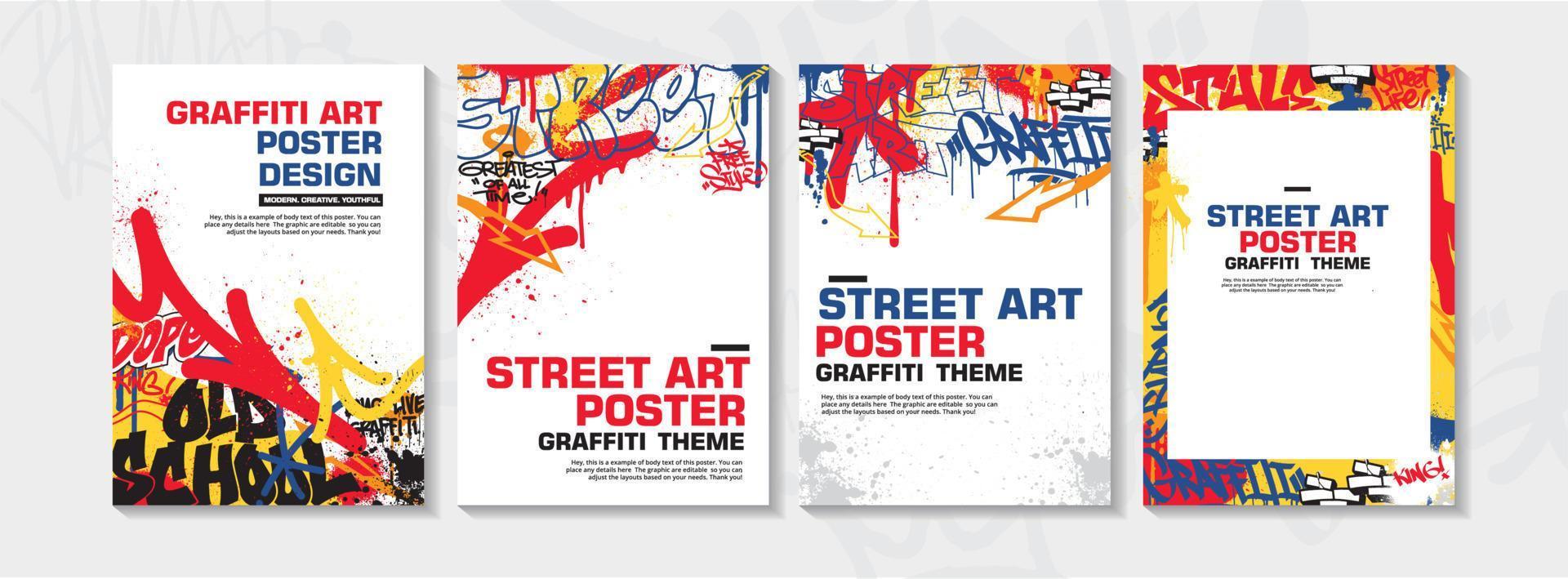 modernes graffiti-kunstposter oder flyer-design mit bunten tags, kotzen. handgezeichneter abstrakter Graffiti-Illustrationsvektor im Street-Art-Thema vektor