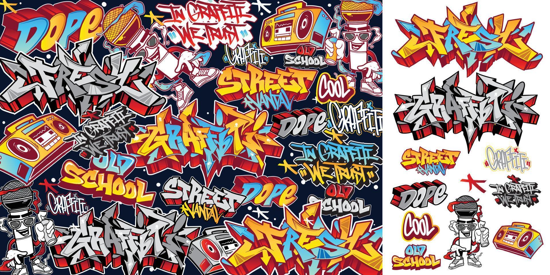 en uppsättning av färgrik eller vibrerande graffiti konst klistermärken. gata konst tema, urban stil för t-shirt design, graffiti design för tapet, vägg konst eller skriva ut konst mönster. vektor