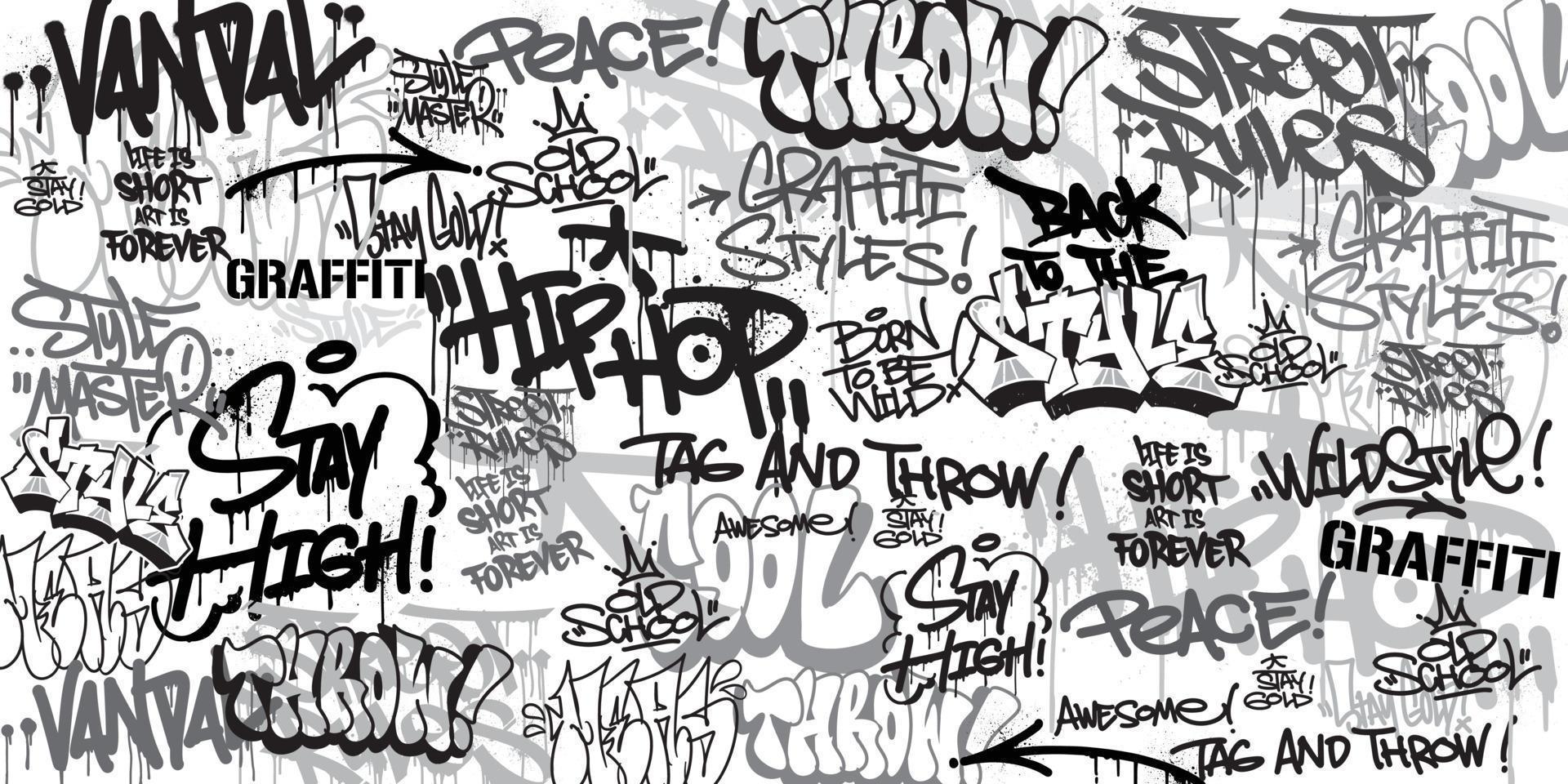 Vektor-Illustration von Graffiti-Hintergrund. nahtlose graffiti-kunsttexturen in einem handgezeichneten stil. Old-School- und Urban-Street-Art-Thema für T-Shirt-Design, Textilien, Hintergründe, Tapeten und Drucke vektor