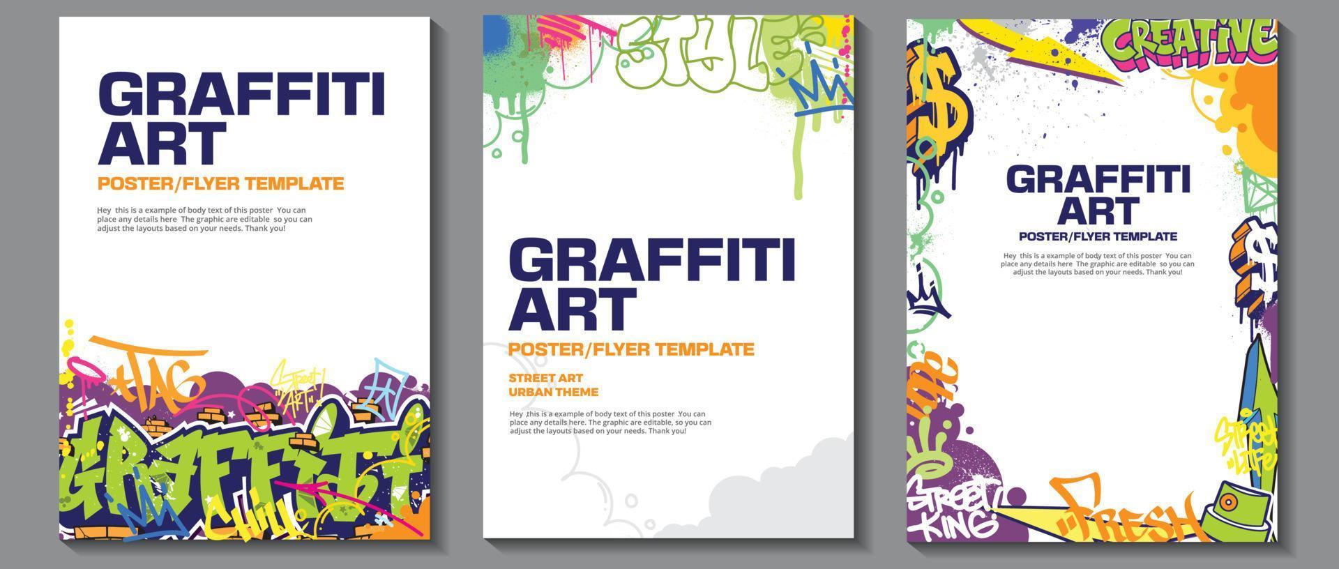 modern graffiti konst affisch eller flygblad design med färgrik taggar, kasta upp. ritad för hand abstrakt graffiti illustration vektor i gata konst tema
