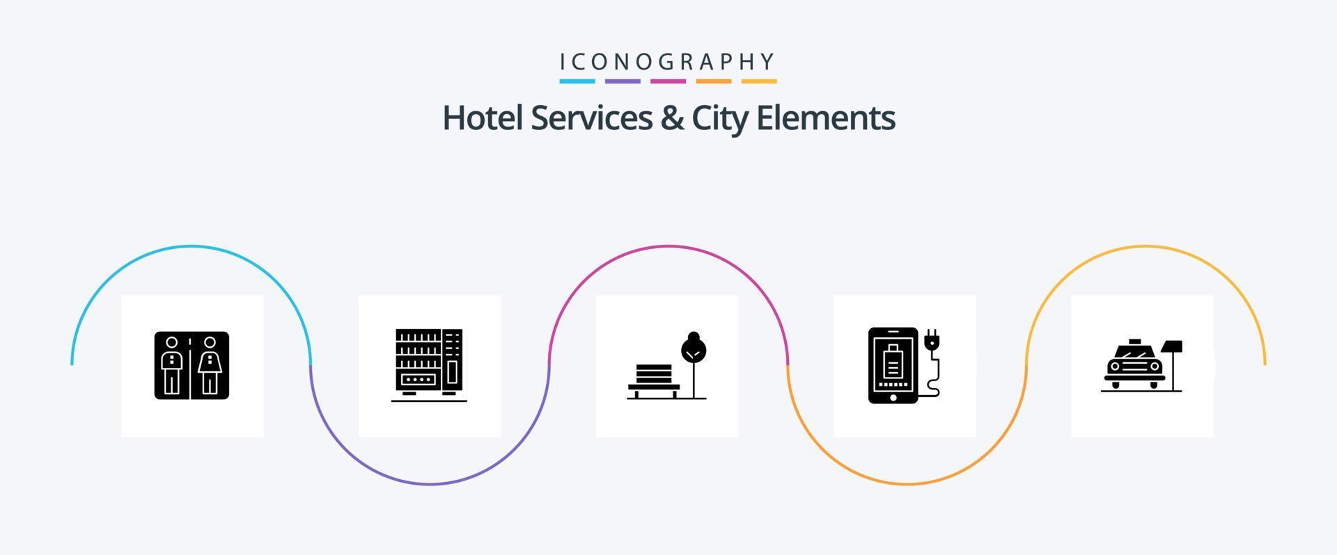 hotell tjänster och stad element glyf 5 ikon packa Inklusive parkering. plugg. banch . full. mobil vektor