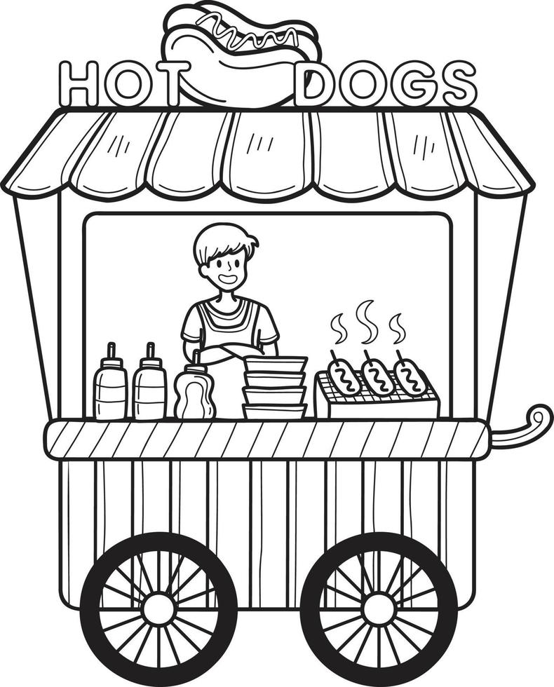 hand gezeichneter straßenlebensmittelwagen mit hotdogsillustration vektor