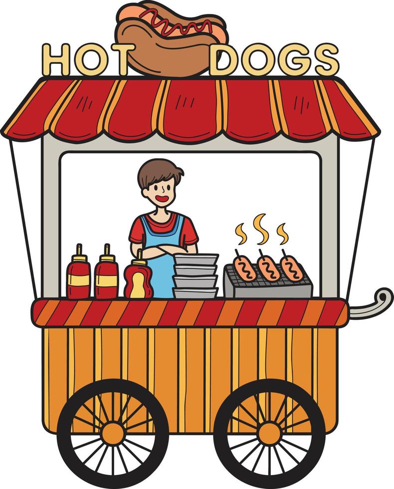 hand dragen gata mat vagn med varm hundar illustration vektor
