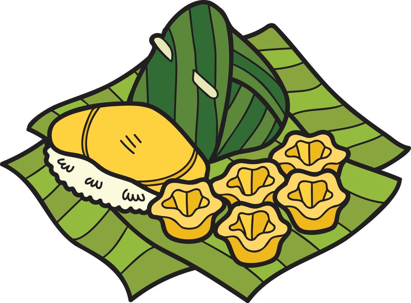 hand dragen thai desserter och banan löv illustration vektor
