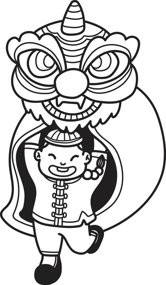 hand dragen kinesisk lejon dans med kinesisk Pojkar illustration vektor