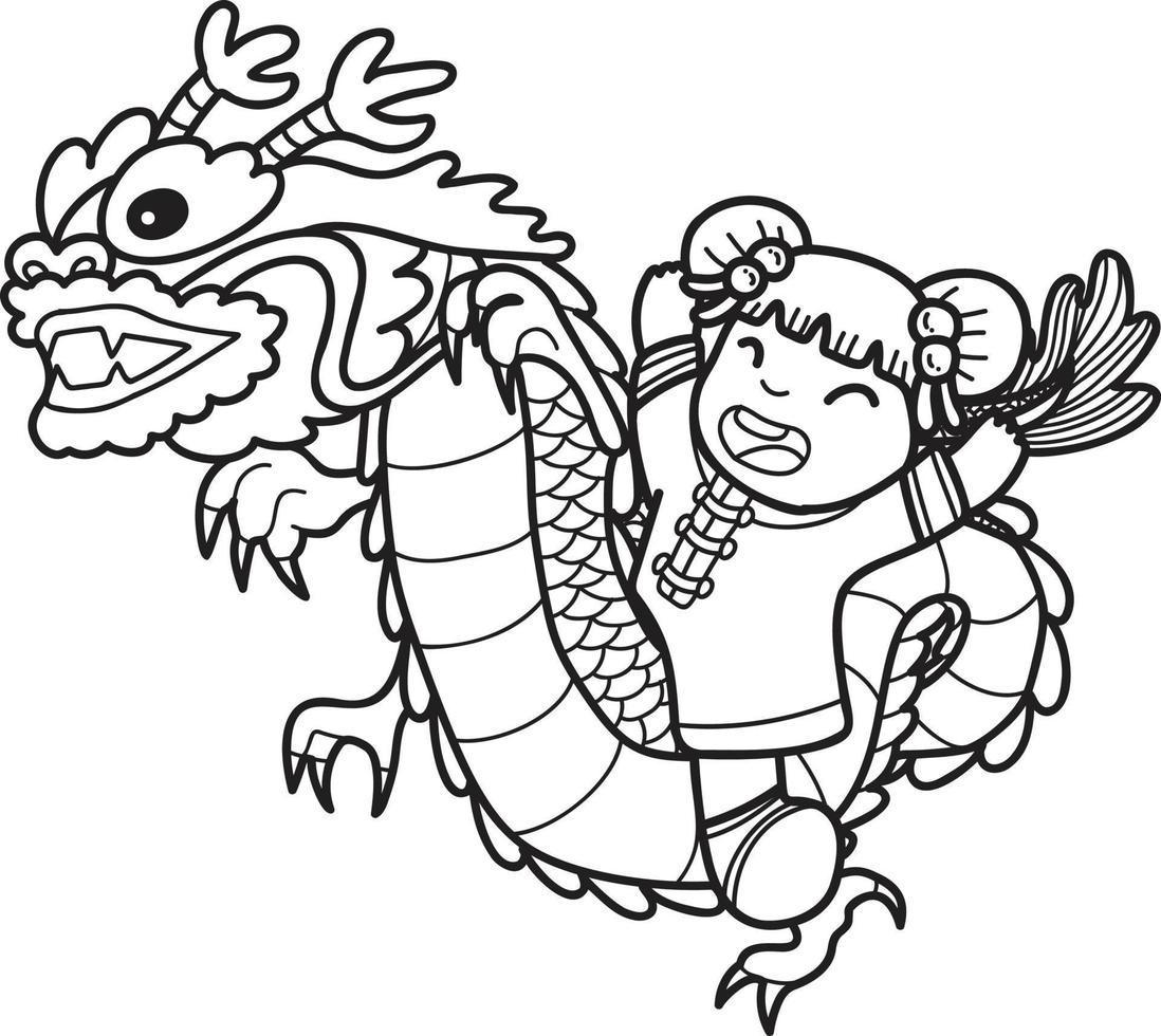 hand gezeichneter chinesischer drache und chinesische mädchenillustration vektor