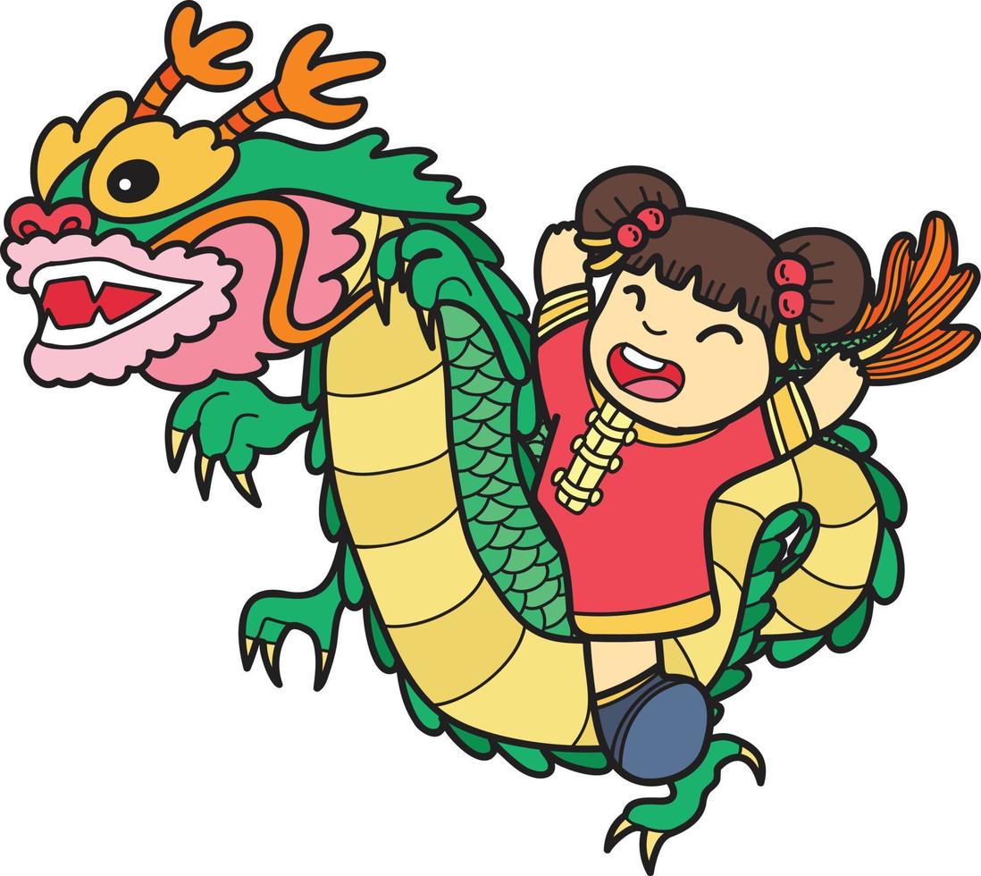 hand gezeichneter chinesischer drache und chinesische mädchenillustration vektor