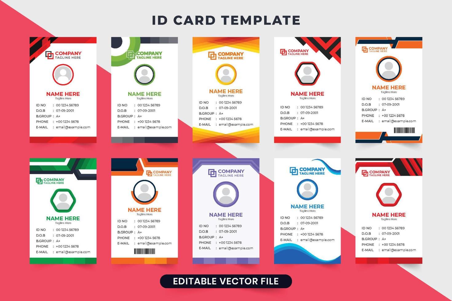 Identifiering kort bunt för företag organisationer. kontor identitet kort uppsättning design med Foto platshållare. anställd och studerande id kort mall samling för företags- identitet. vektor