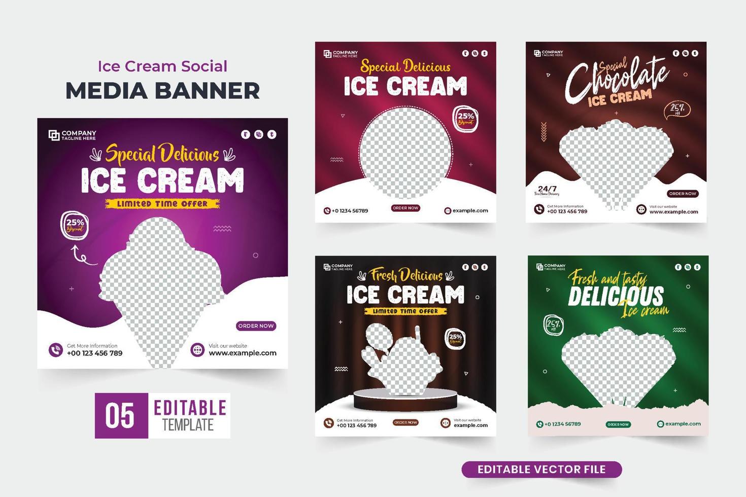 Köstliche Eiscreme-Social-Media-Post-Sammlung mit dunklen und violetten Farben. Eiscreme-Promotion-Vorlagenpaket mit abstrakten Formen. Dessert-Business-Web-Banner-Set-Design mit Foto-Platzhaltern. vektor