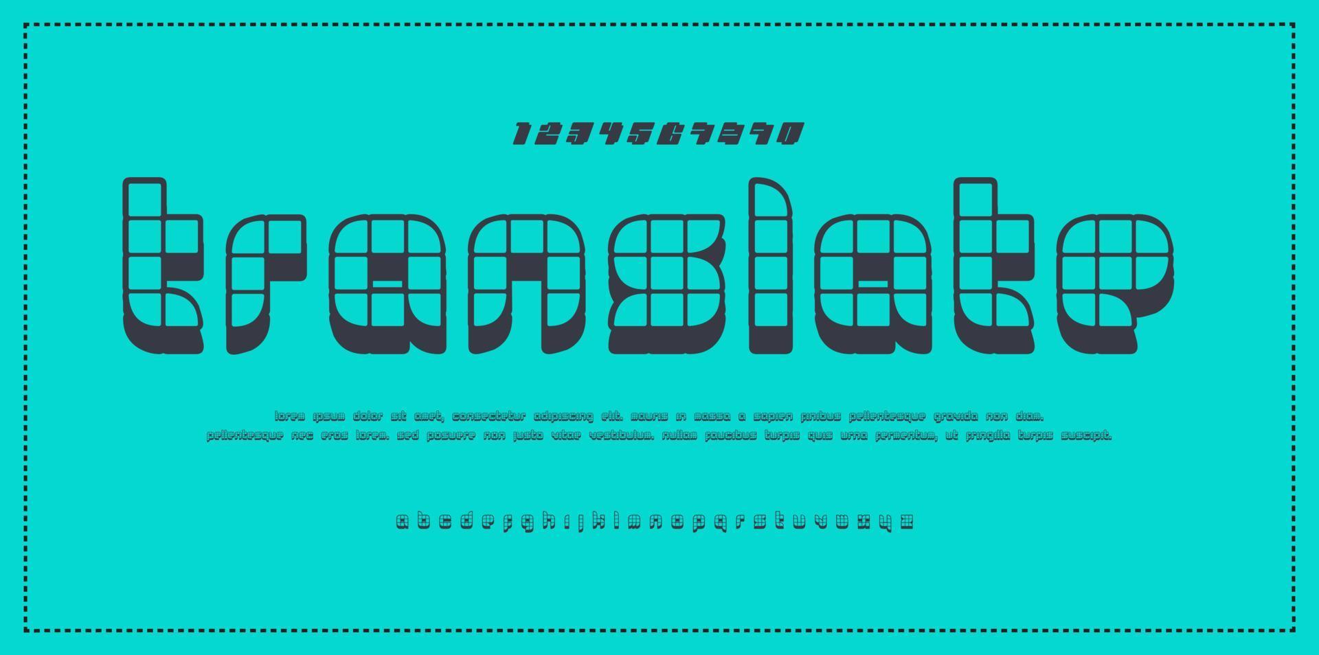 trendig alfabet brev. typografi framtida kreativ design begrepp typsnitt och tal. vektor illustration.