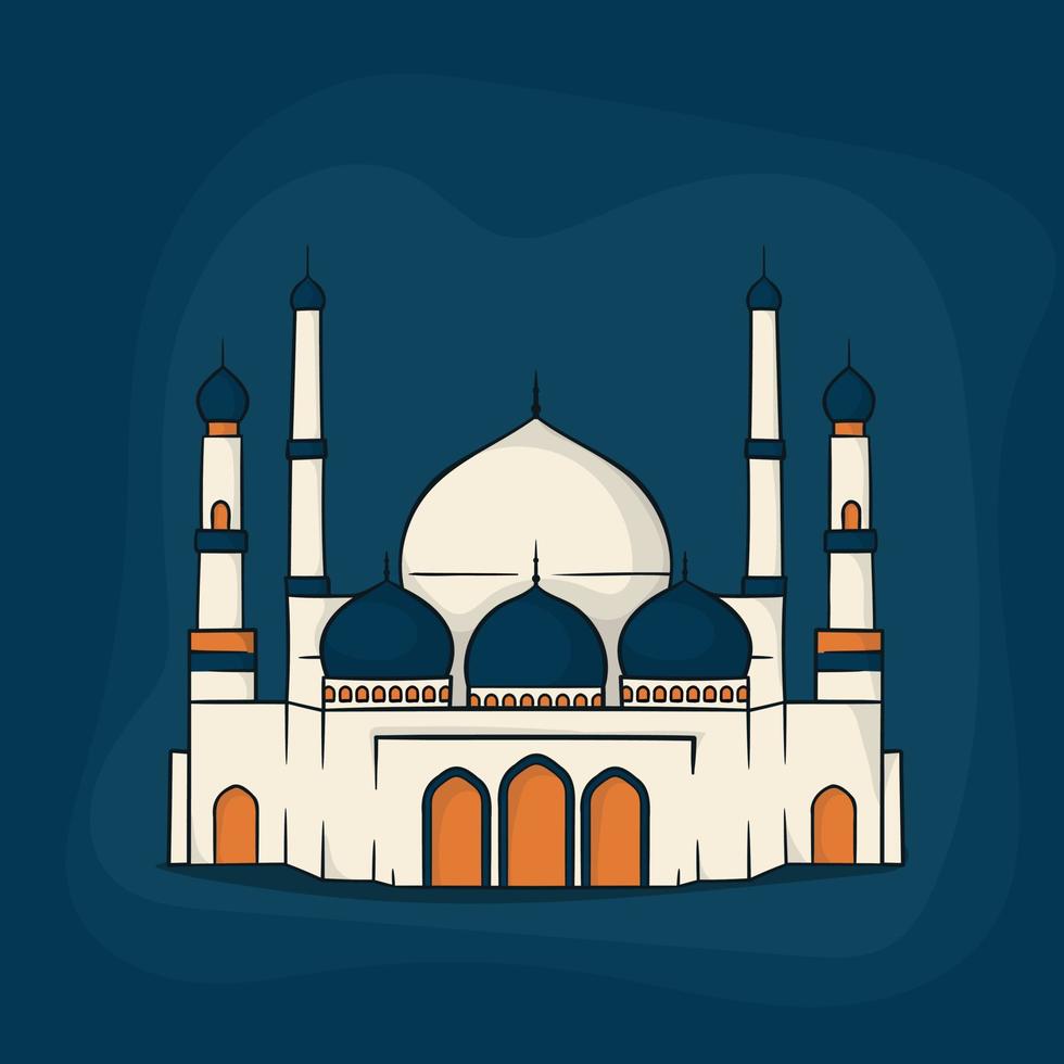 Moschee mit Vorderansicht im Cartoon-Design mit blauem Hintergrund für Ramadan-Template-Design vektor