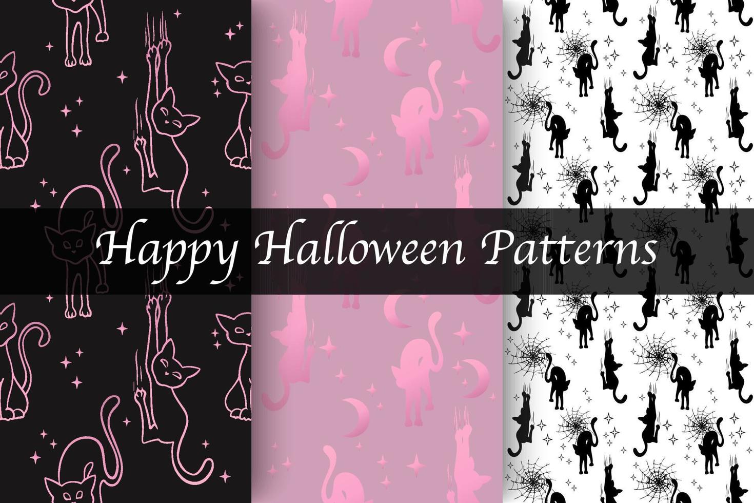 trendig mönster. Lycklig halloween. fladdermöss, katter, pumpor med webb. bua.. freehand teckning. modern kontinuerlig linje vektor illustrationer. godis eller liv
