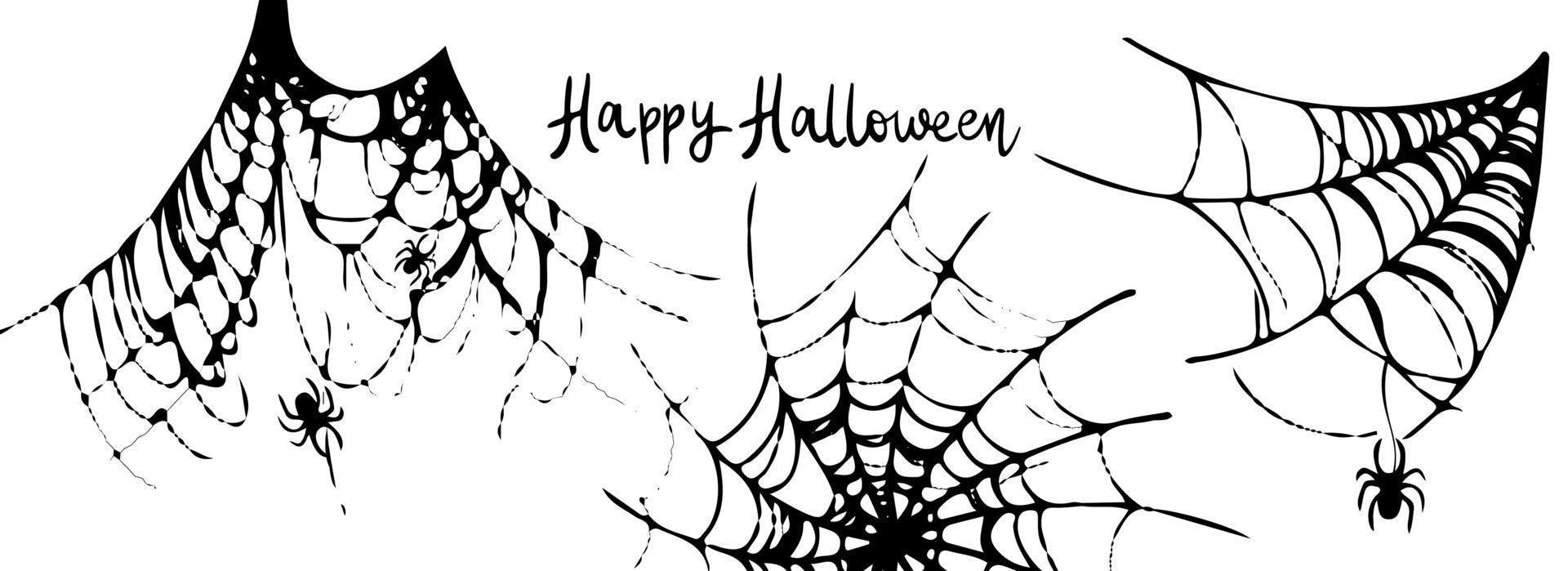 webb uppsättning isolerat på vit bakgrund. skrämmande halloween webb med spindlar. översikt vektor illustration. Lycklig halloween. freehand teckning. modern linje vektor illustration.