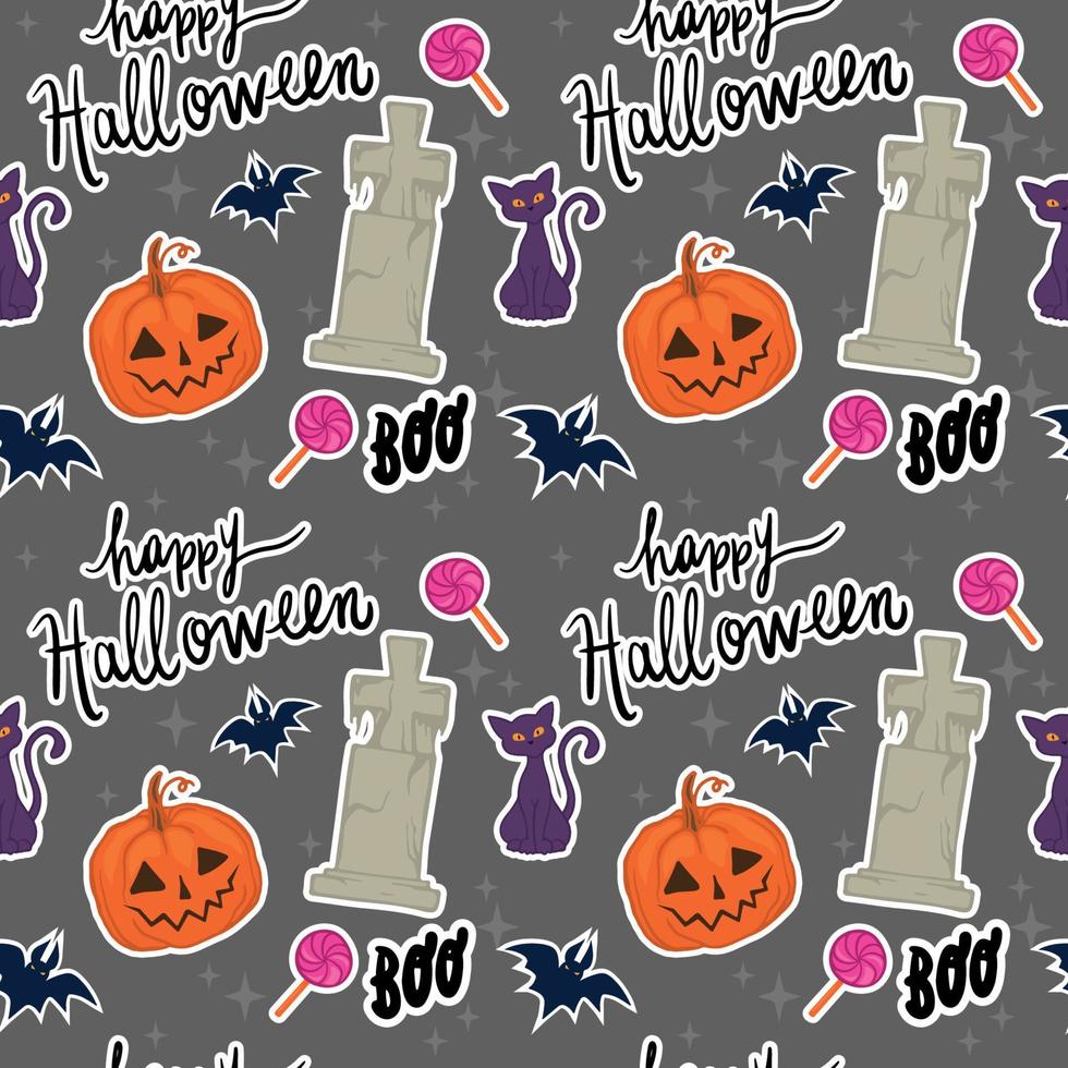 vektor uppsättning av halloween ClipArt. Lycklig halloween teckning med pumpa, fladdermus, katt och grav. monster sömlös vektor illustration.