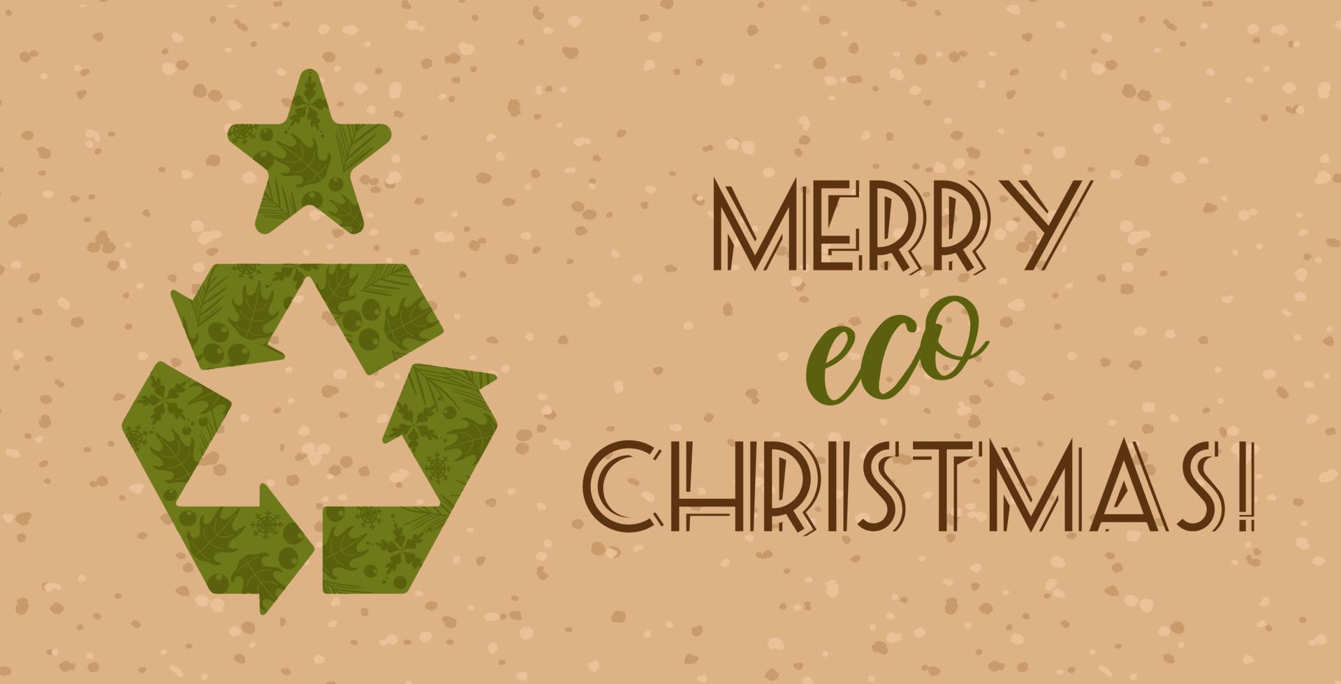 weihnachtsbaum in form eines recycling-symbols. umweltfreundlich. Schneeflocke, Stechpalme. Endreinigung, grüne Feiertage, angemessener Verbrauch. horizontales Banner für Website, Poster vektor