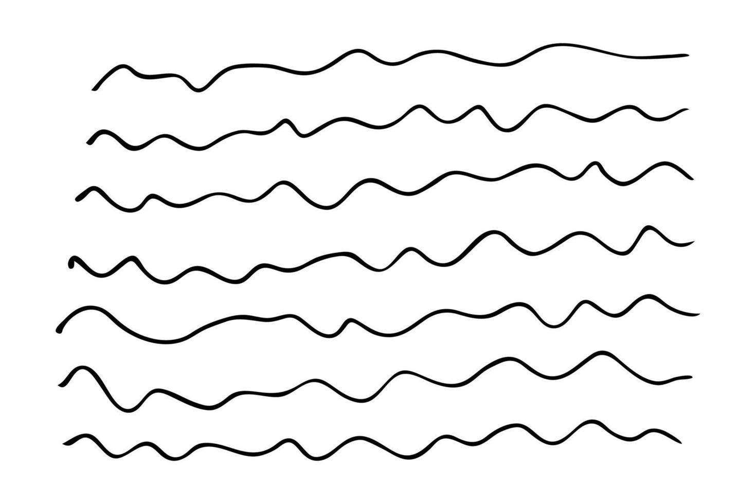 uppsättning av hand dragen vågig rader. svart skiss isolerat på vit bakgrund. vektor illustration.