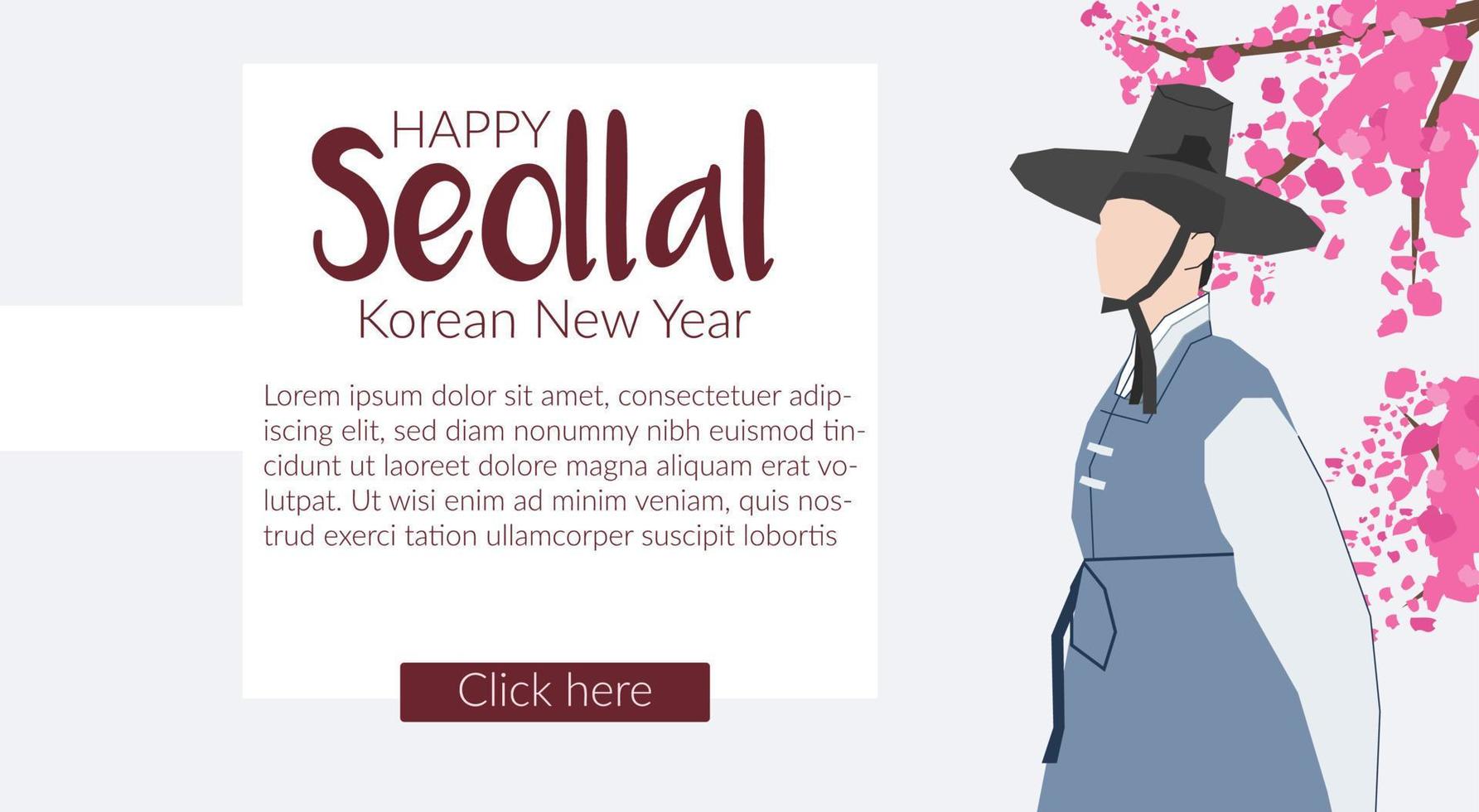 Lycklig seollal koreanska ny år webb sida baner design med man i hanbok - koreanska traditionell kläder och och en gren med en rosa blomma. vektor stock illustration på blå bakgrund