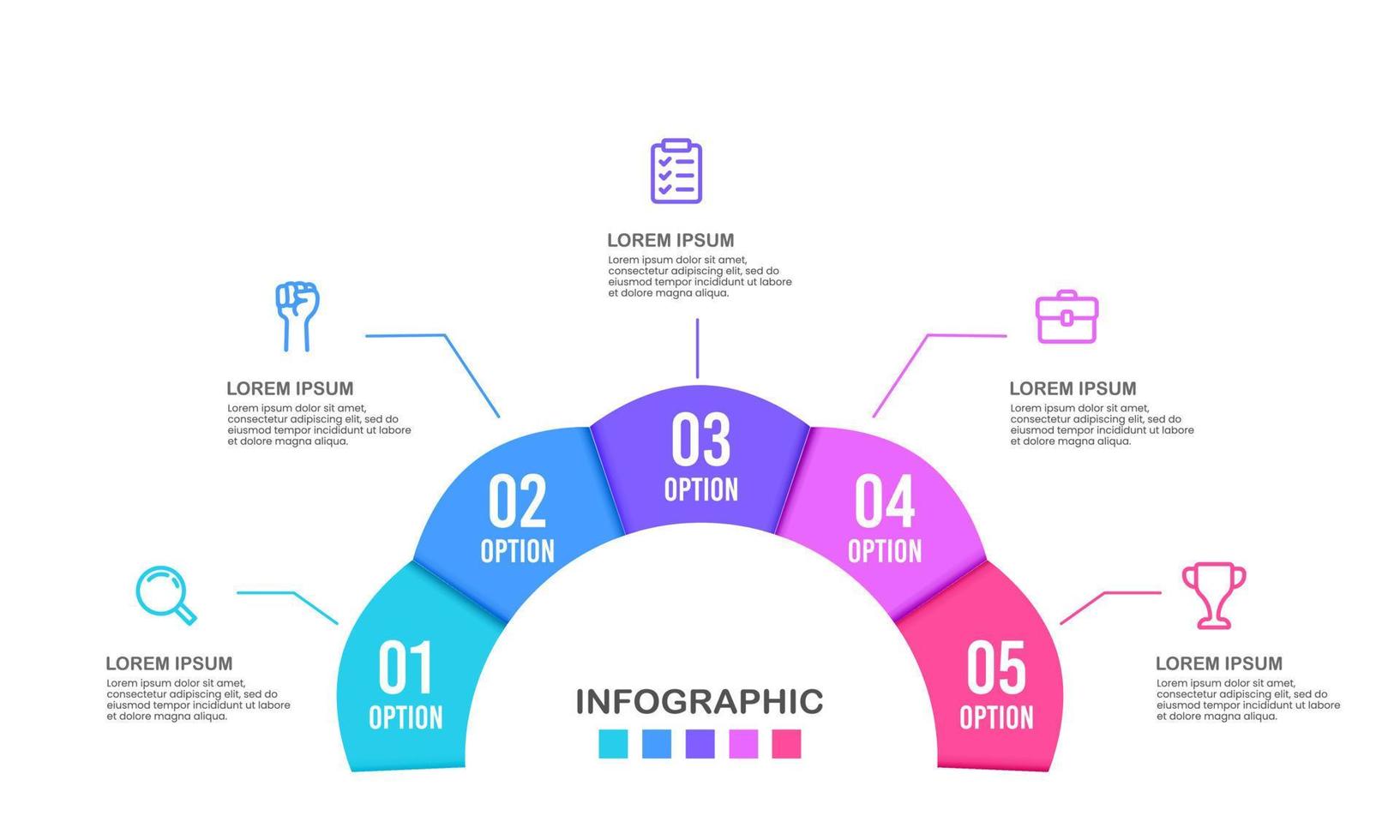 5 alternativ färgrik blomma halvcirkel infografik. vektor