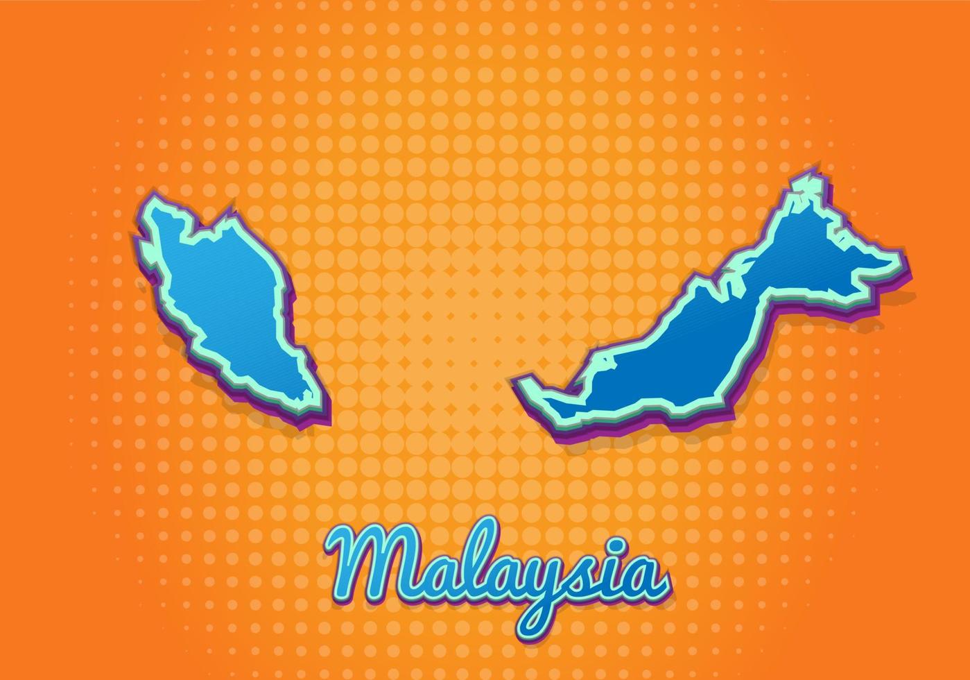 Retro-Karte von Malaysia mit Halbtonhintergrund. Cartoon-Kartensymbol im Comic- und Pop-Art-Stil. Kartografie-Geschäftskonzept. ideal für Kinderdesign, Lernspiel, Magnet- oder Posterdesign. vektor