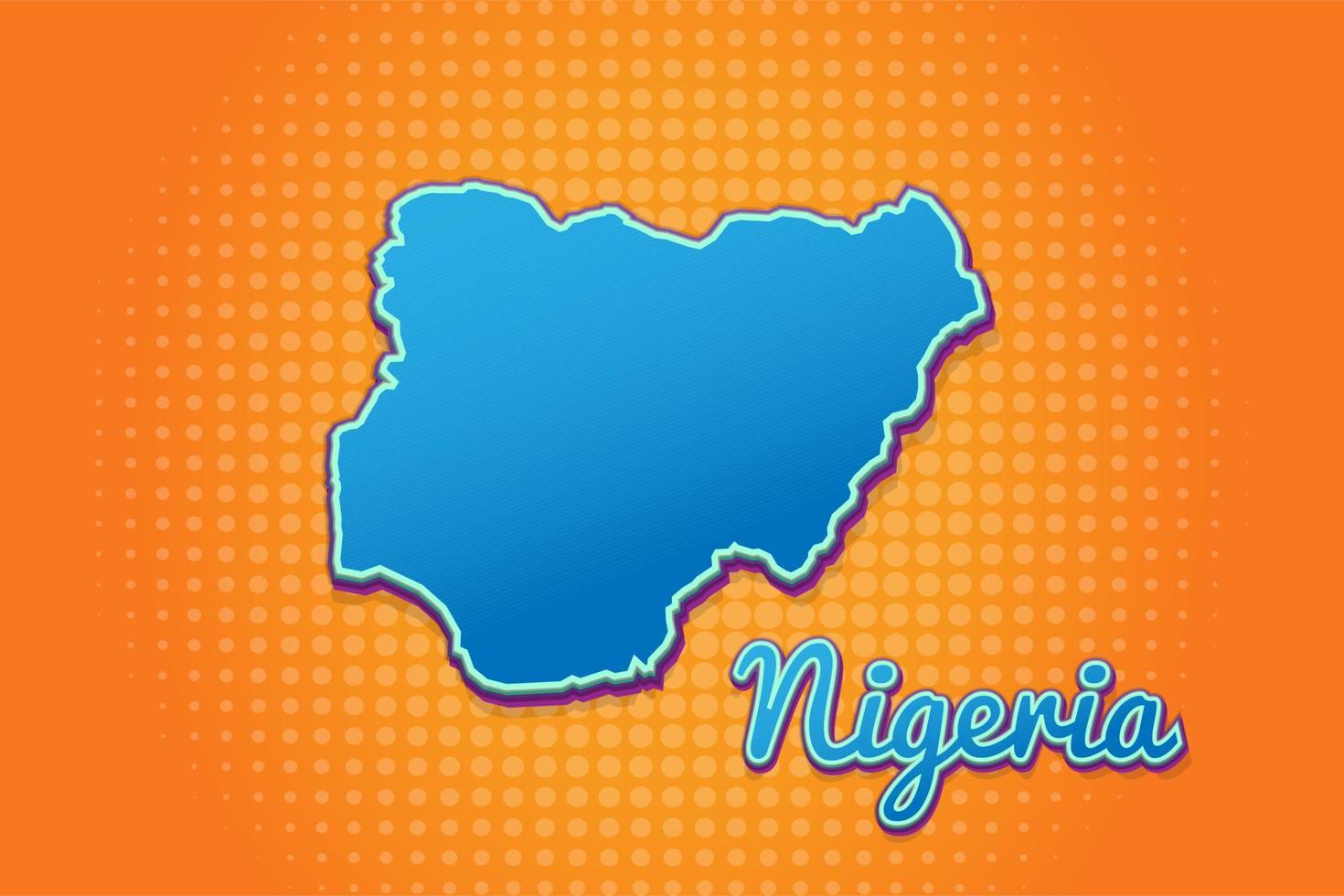 Retro-Karte von Nigeria mit Halbtonhintergrund. Cartoon-Kartensymbol im Comic- und Pop-Art-Stil. Kartografie-Geschäftskonzept. ideal für Kinderdesign, Lernspiel, Magnet- oder Posterdesign. vektor