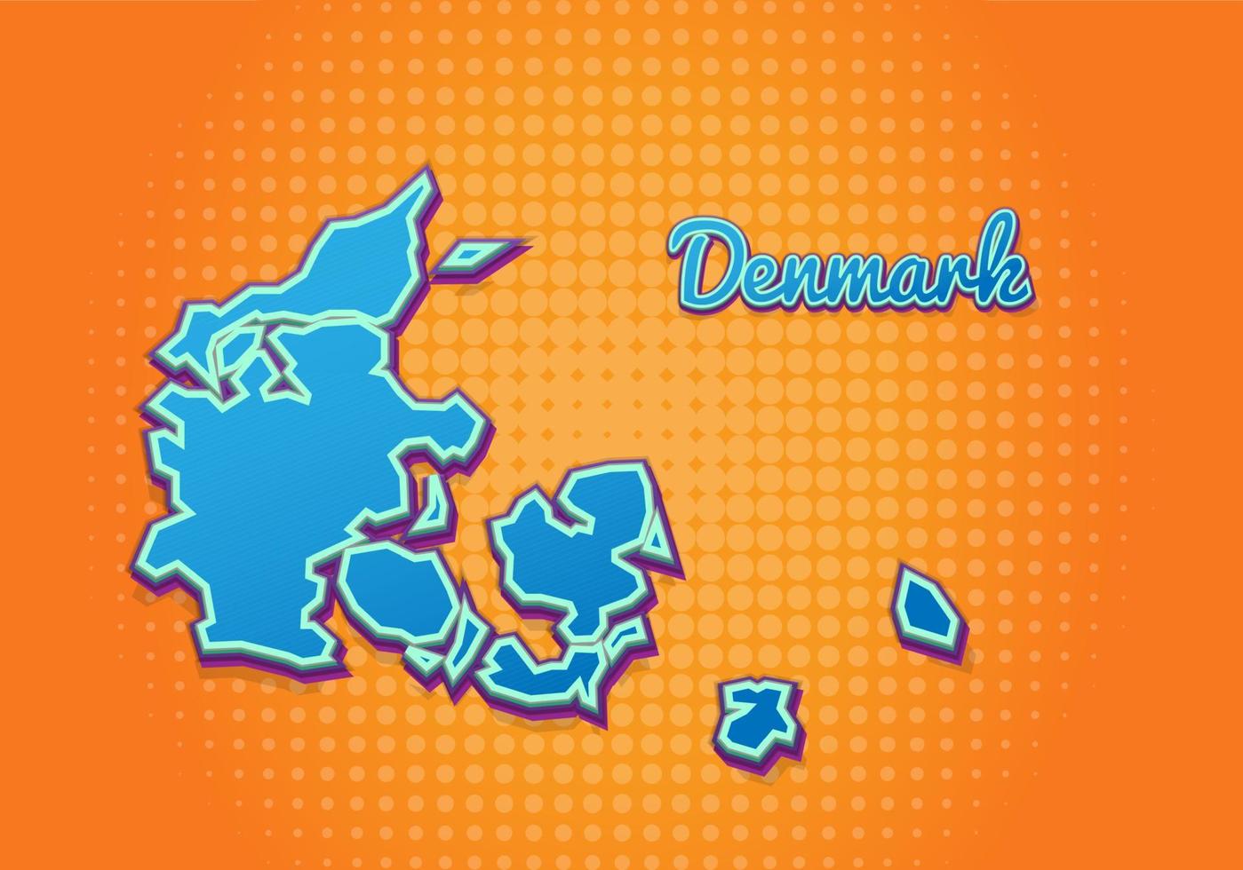 Retro-Karte von Dänemark mit Halbtonhintergrund. Cartoon-Kartensymbol im Comic- und Pop-Art-Stil. Kartografie-Geschäftskonzept. ideal für Kinderdesign, Lernspiel, Magnet- oder Posterdesign. vektor