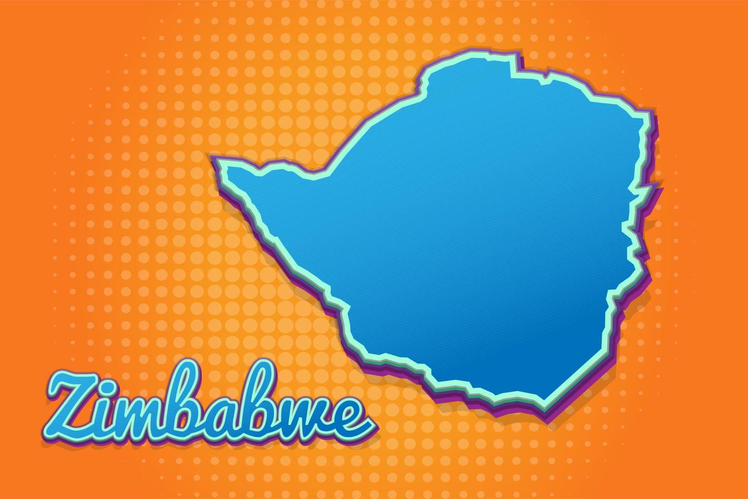 Retro-Karte von Simbabwe mit Halbtonhintergrund. Cartoon-Kartensymbol im Comic- und Pop-Art-Stil. Kartografie-Geschäftskonzept. ideal für Kinderdesign, Lernspiel, Magnet- oder Posterdesign. vektor