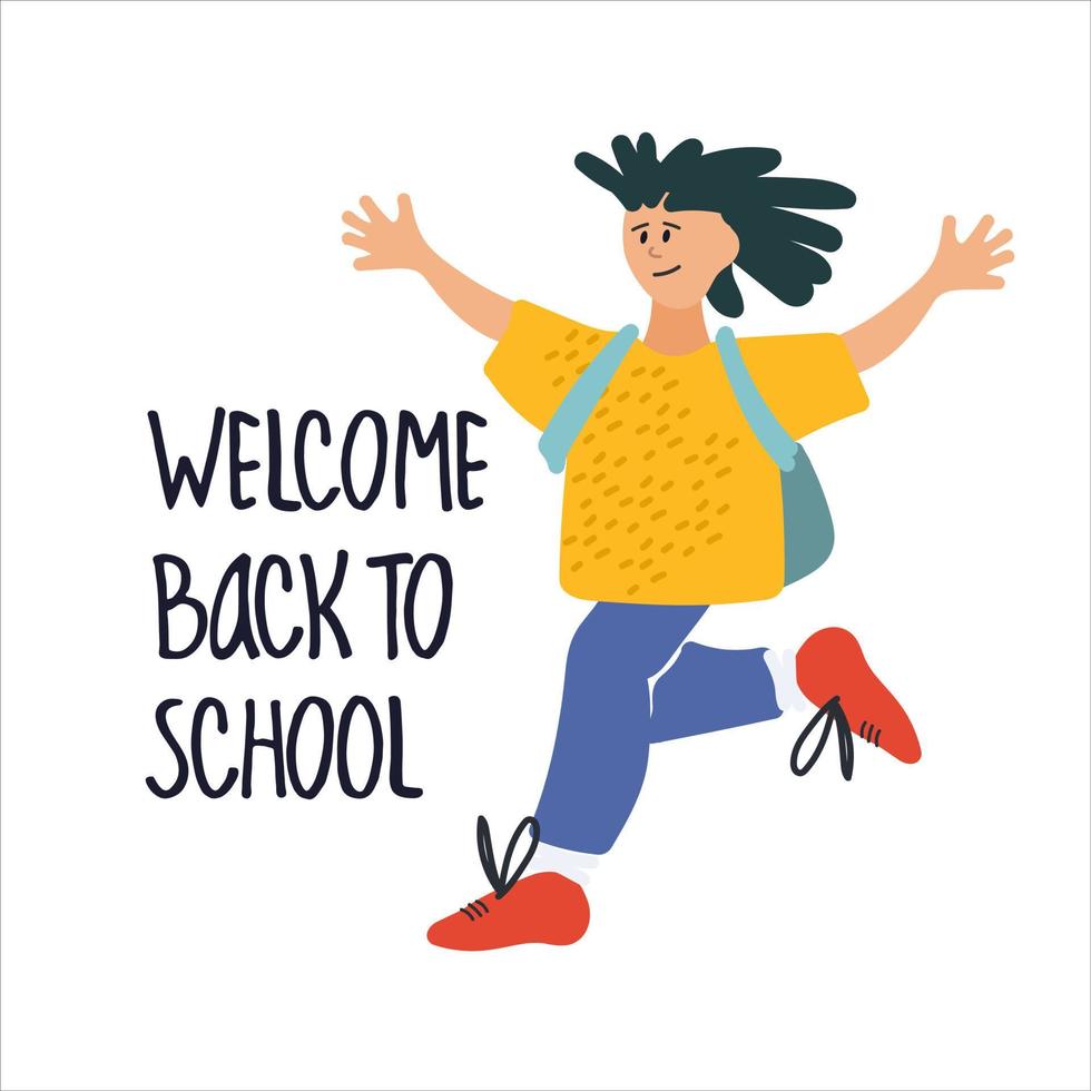 Willkommen zurück im Schulbanner. glückliche Schulkinder vector Illustration im flachen Artdesign und in der Handbeschriftung