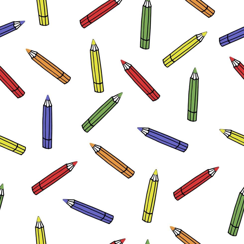 Nahtloses Muster mit Buntstiften und Schulbeschriftung auf weißem Hintergrund. Schul- und Kindheitskonzept vektor