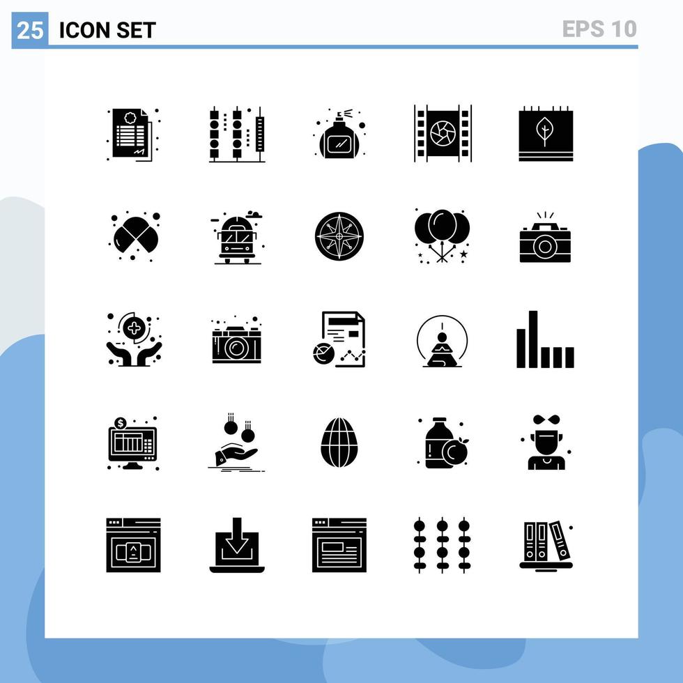 Piktogrammsatz von 25 einfachen soliden Glyphen von Kalender-Multimedia-Stick-Filmen bearbeitbare Vektordesign-Elemente vektor