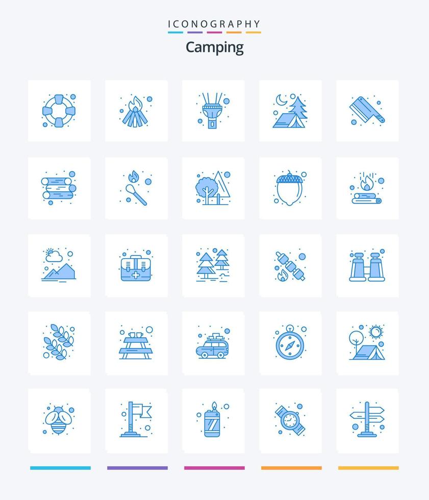 kreatives Camping 25 blaues Icon Pack wie Holz. Energie. Fackel. Messer. Spalter vektor