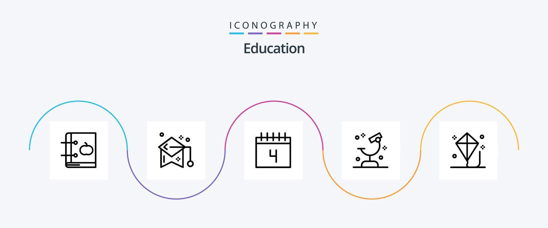 Education Line 5 Icon Pack inklusive Forschung. Labor. Doktorhut. Biologie. Zeitplan vektor