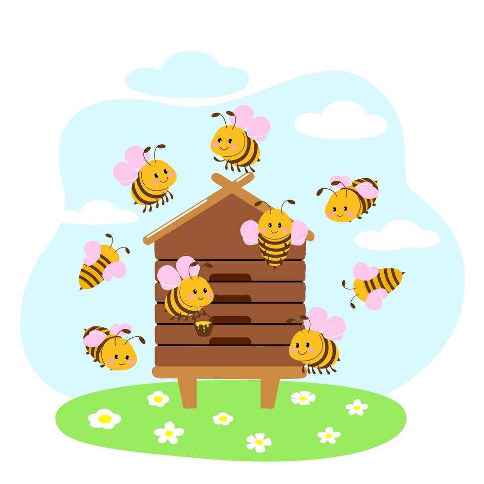 Honigstock mit süßen Bienen. Vektor-Illustration isoliert auf weißem Hintergrund. vektor